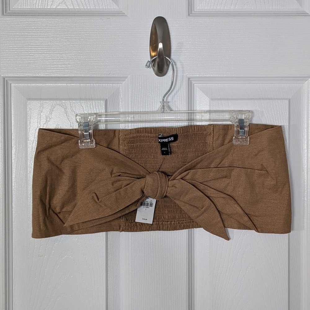 NWT Express Linen Tie-Front Smocked‎ Back Cropped Bandeau Tube Top in Tan Size L